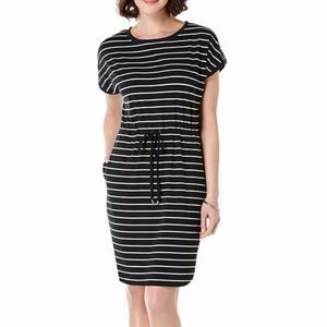 Rafaella Black and White Striped Drop Waisted Dress Drawstring Waist Bea…